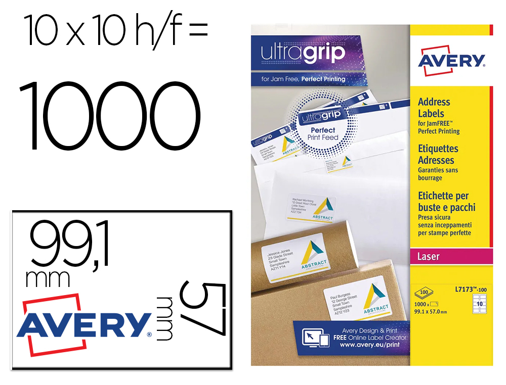ETIQUETA ADHESIVA AVERY BLANCA TAMAO 99,1X57 MM INKJET LASER COPIADORA CAJA DE 1000 UNIDADES