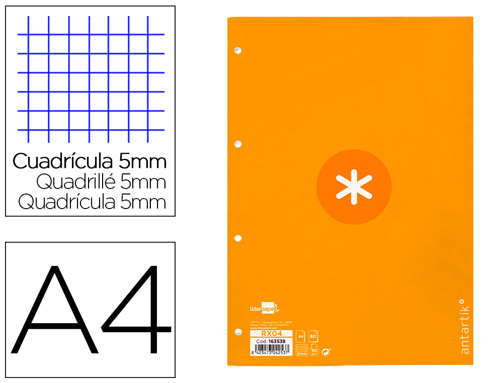 RECAMBIO ANTARTIK A4 80 HOJAS 90G/M2 CUADRO 5 MM 4 TALADROS 1 BANDA MARCO COLOR MOSTAZA