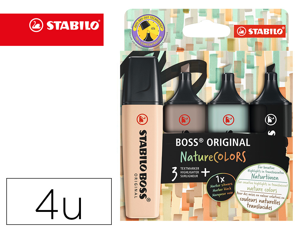 ROTULADOR STABILO BOSS PASTEL FLUORESCENTE 70 NATURE COLORS ESTUCHE DE 4 UNIDADES COLORES SURTIDOS