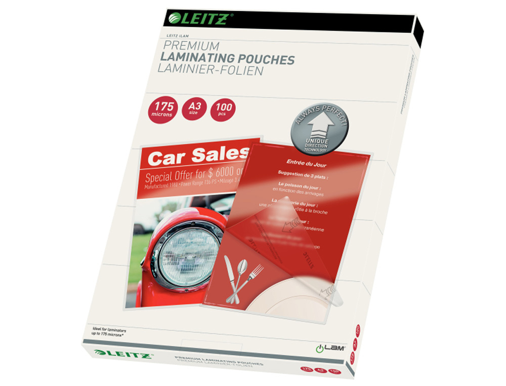 BOLSA DE PLASTIFICAR LEITZ DIN A3 175 MC CAJA DE 100 UNIDADES