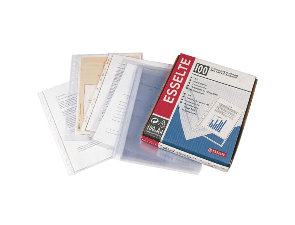FUNDA PARA PLANOS ESSELTE PVC 80 MC 4 TALADROS SIN REFUERZO CORTE OBLICUO CAJA DE 100 UNIDADES