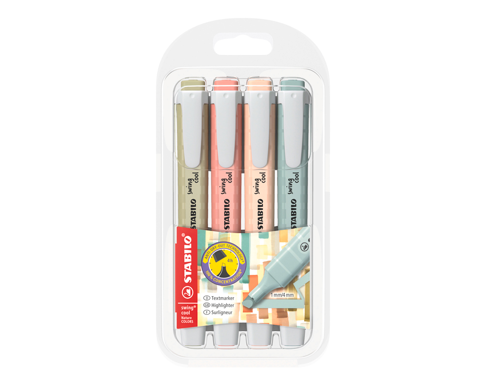 ROTULADOR STABILO FLUORESCENTE SWING COOL NATURE COLORS ESTUCHE DE 4 UNIDADES COLORES SURTIDOS