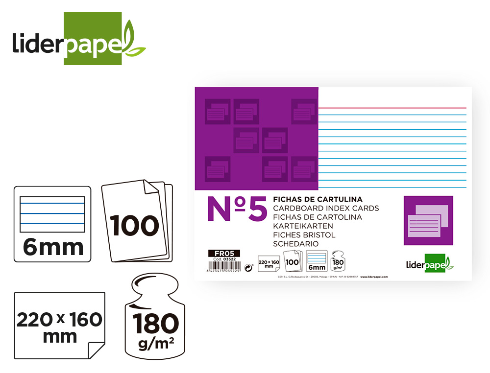 FICHA LIDERPAPEL RAYADA Nº5 160X220 MM 180GR PAQUETE DE 100 UNIDADES