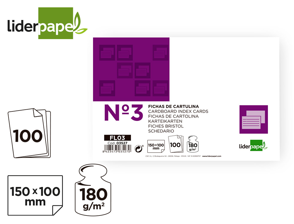 FICHA LIDERPAPEL LISA Nº3 100X150MM 180 GR PAQUETE DE 100 UNIDADES