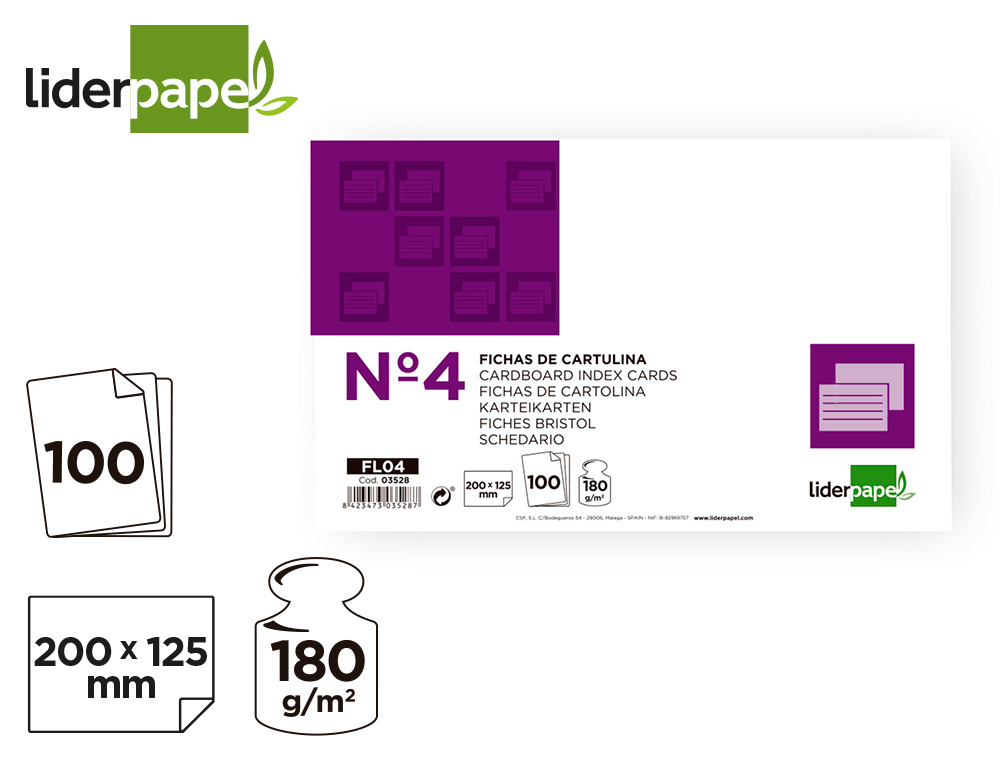 FICHA LIDERPAPEL LISA N4 125X200MM PAQUETE DE 100 180G