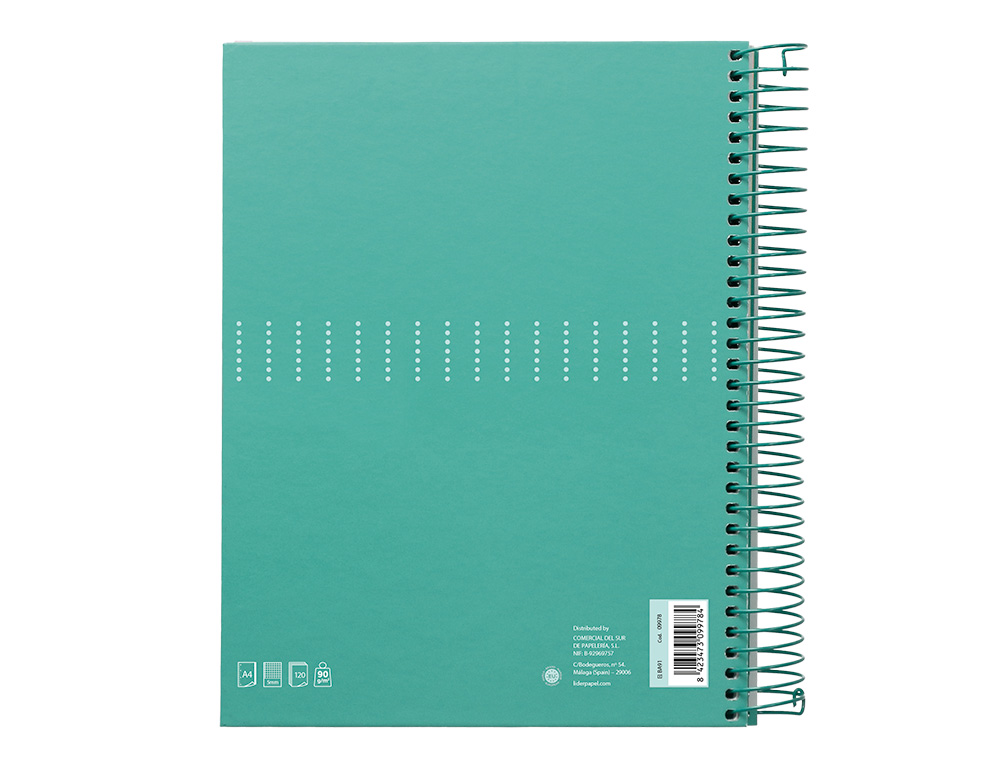 CUADERNO ESPIRAL LIDERPAPEL A4 MICRO CRAFTY TAPA FORRADA 120H 90GR CUADRO 5MM 5 BANDAS 4 TALADROS COLOR TURQUESA