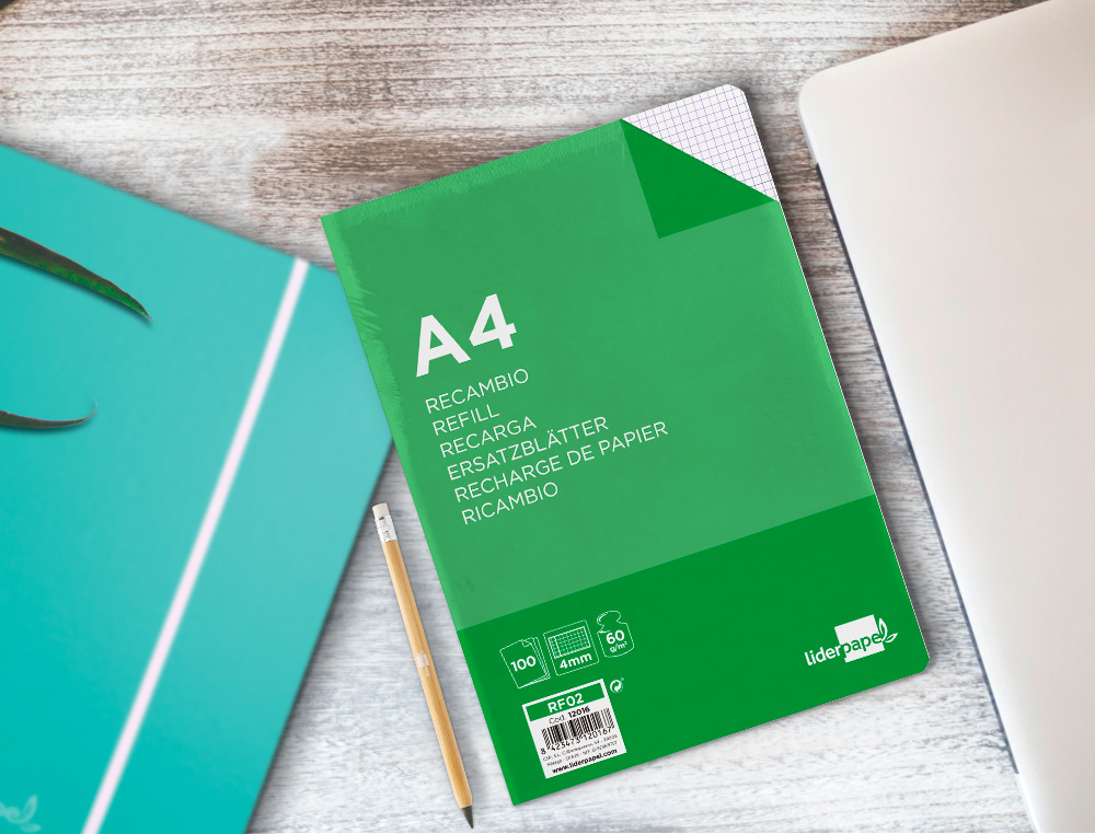 RECAMBIO LIDERPAPEL A4 100 HOJAS 60G/M2 CUADRO 4MM CON MARGEN SIN TALADROS