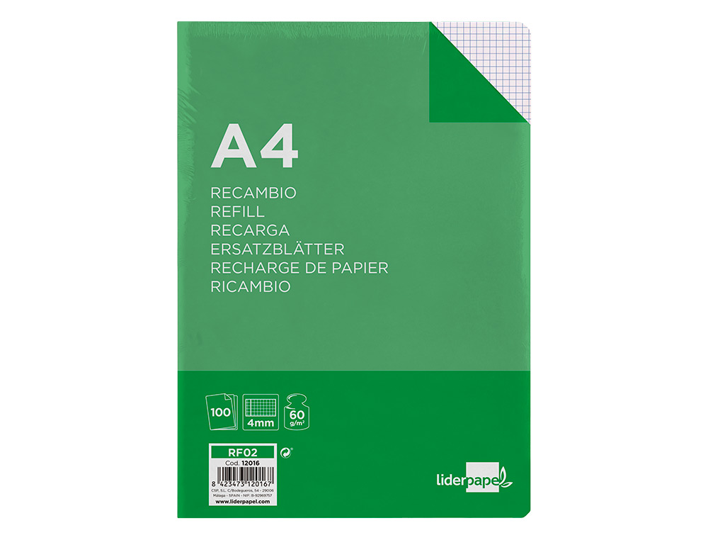 RECAMBIO LIDERPAPEL A4 100 HOJAS 60G/M2 CUADRO 4MM CON MARGEN SIN TALADROS