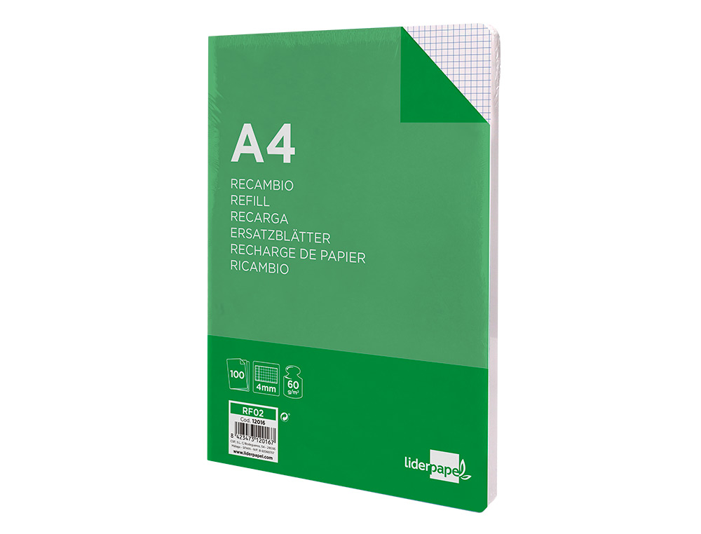 RECAMBIO LIDERPAPEL A4 100 HOJAS 60G/M2 CUADRO 4MM CON MARGEN SIN TALADROS