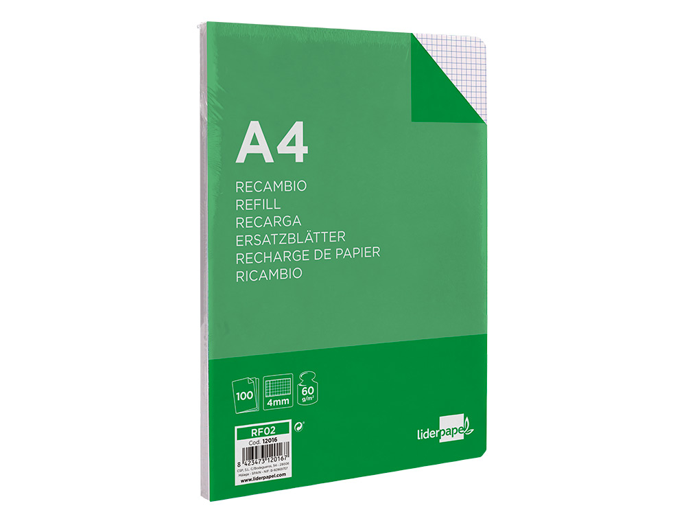 RECAMBIO LIDERPAPEL A4 100 HOJAS 60G/M2 CUADRO 4MM CON MARGEN SIN TALADROS