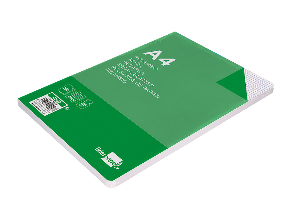 RECAMBIO LIDERPAPEL A4 100 HOJAS 60G/M2 CUADRO 4MM CON MARGEN SIN TALADROS