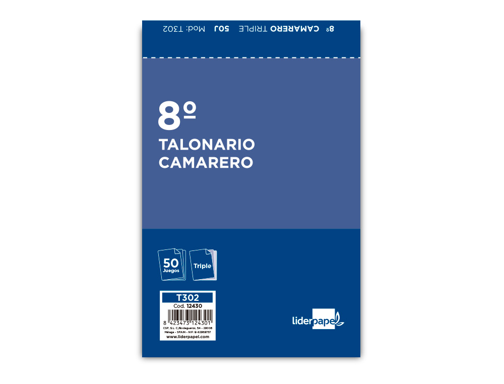 TALONARIO LIDERPAPEL CAMARERO 8º ORIGINAL Y 2 COPIAS T302
