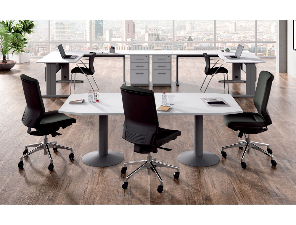 MESA DE REUNION ROCADA MEETING 3003AT04 ESTRUCTURA COLUMNA DOBLE ACERO GRIS TABLERO MADERA BLANCO