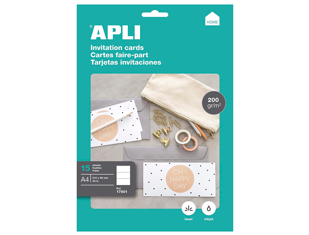 TARJETA DE VISITA APLI INVITACION HOGAR 210X99MM 200GR BLANCA PACK DE 15 HOJAS DIN A4