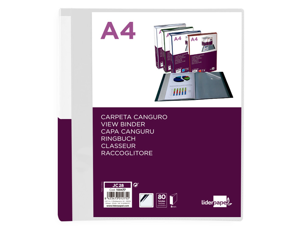 CARPETA LIDERPAPEL 80 FUNDAS CANGURO PP DIN A4 TRANSPARENTE PORTADA Y LOMO PERSONALIZABLE