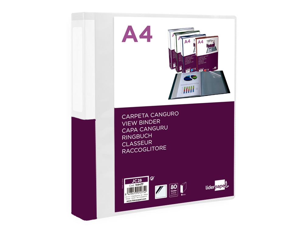 CARPETA LIDERPAPEL 80 FUNDAS CANGURO PP DIN A4 TRANSPARENTE PORTADA Y LOMO PERSONALIZABLE