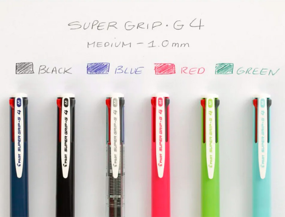 BOLIGRAFO PILOT SUPER GRIP G 4 COLORES RETRACTIL SUJECION DE CAUCHO TINTA BASE DE ACEITE CUERPO COLOR AZUL