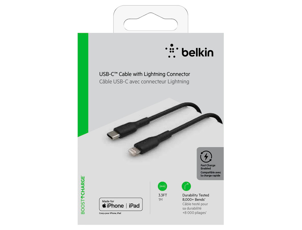 CABLE BELKIN CAA003BT1MBK USB-C A LIGHTNING BOOST CHARGE LONGITUD 1 M COLOR NEGRO