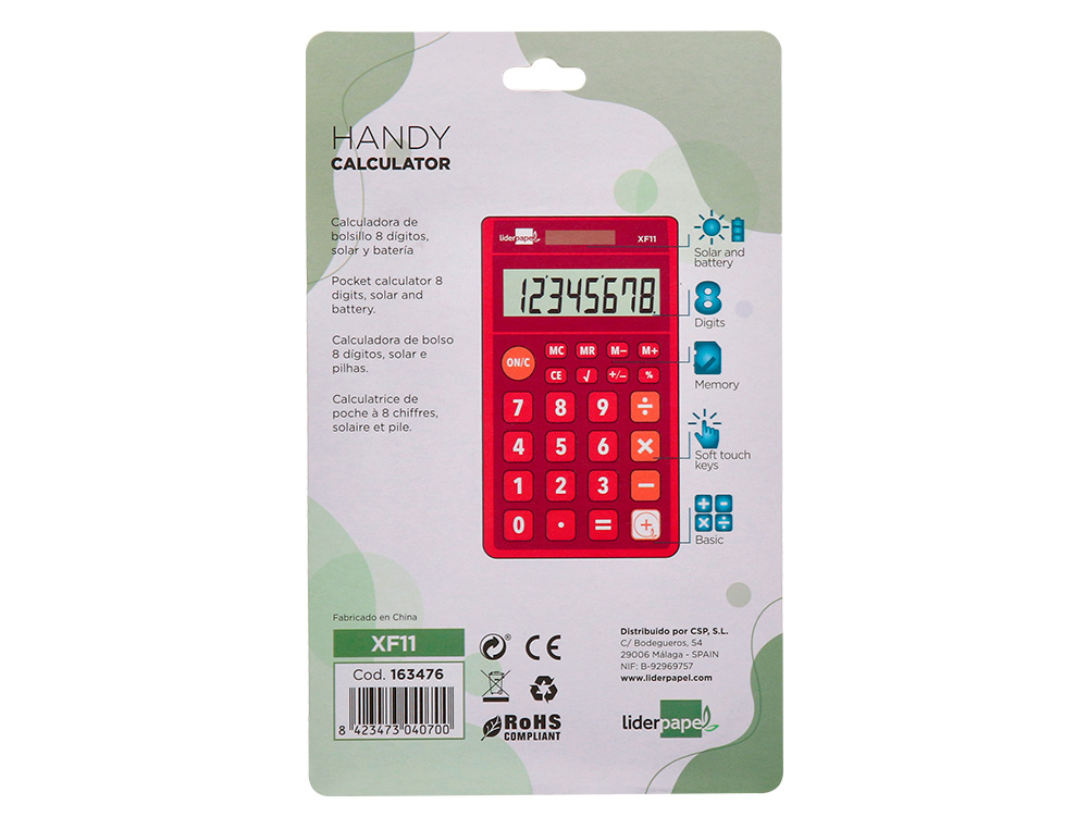 CALCULADORA LIDERPAPEL BOLSILLO XF11 8 DIGITOS SOLAR Y PILAS COLOR ROJO 115X65X8 MM