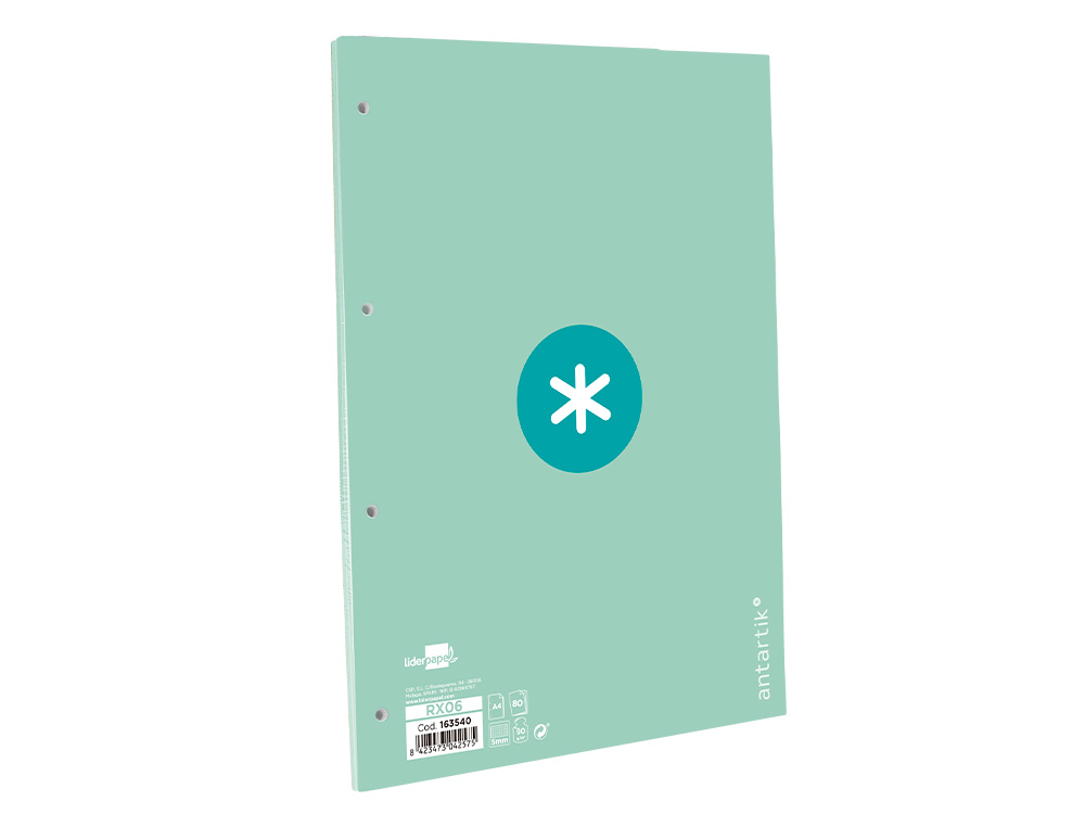RECAMBIO ANTARTIK A4 80 HOJAS 90GR CUADRO 5 MM 4 TALADROS 1 BANDA MARCO COLOR MENTA