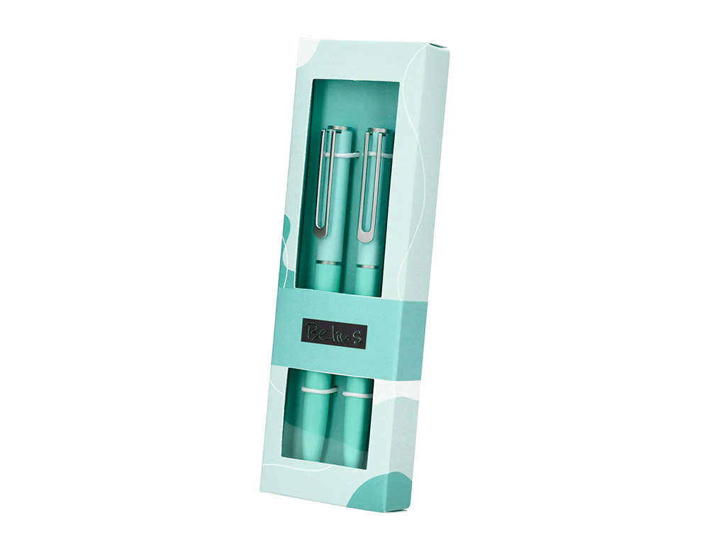 BOLIGRAFO BELIUS BARI SET CON 2 BOLIGRAFOS COLOR CELESTE PUNTA 1 MM TINTA AZUL EN CAJA DE REGALO
