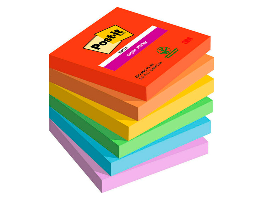 BLOC DE NOTAS ADHESIVAS QUITA Y PON POST-IT SUPER STICKY PLAYFUL 76X76 MM 90 HOJAS 100% PEFC PACK DE 6 UNIDADES