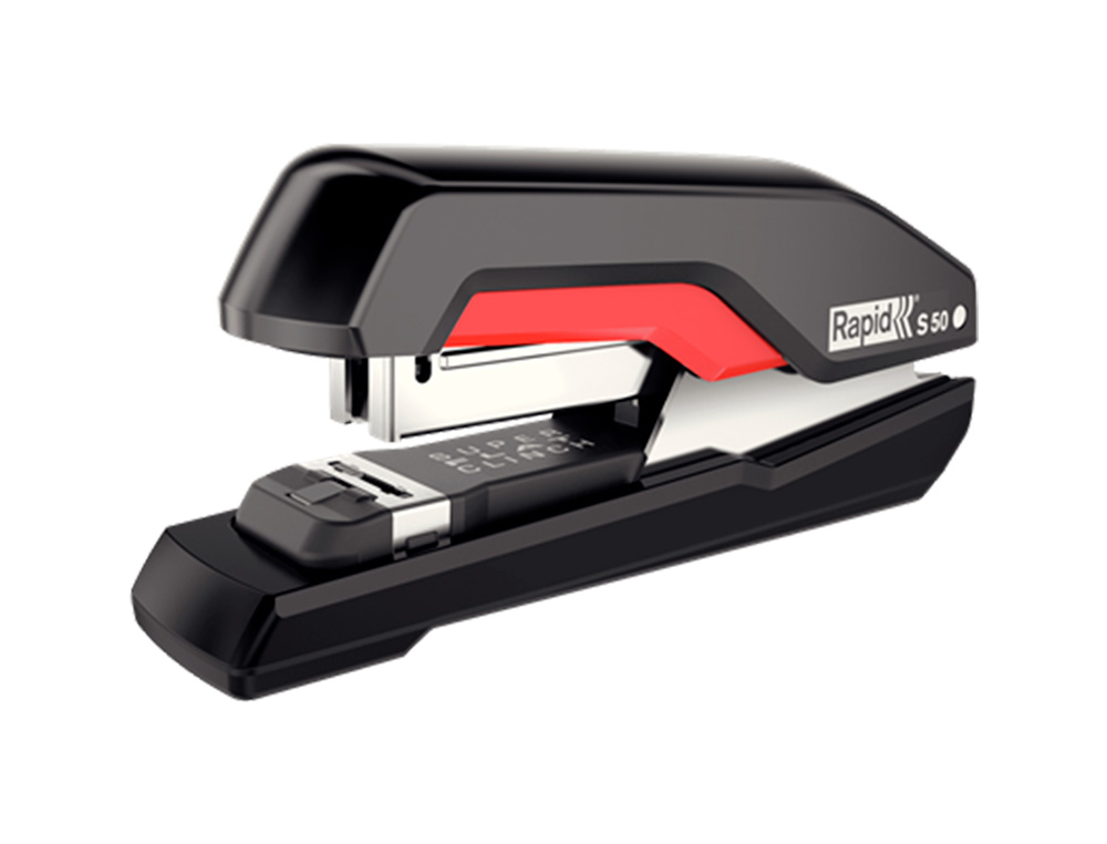 GRAPADORA RAPID SUPREME S50 PLASTICO CAPACIDAD DE GRAPADO 50 HOJAS USA GRAPAS 24/6-8+ Y 26/6-8+ COLOR NEGRO/ROJO