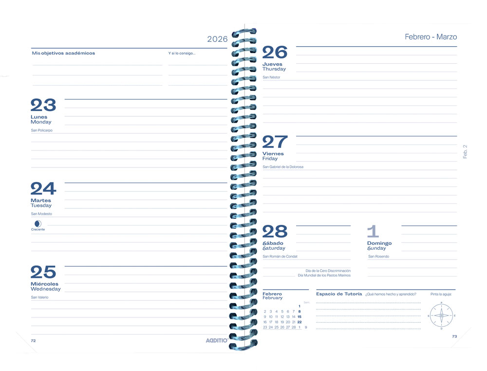 AGENDA ESPIRAL ADDITIO DEL ESTUDIANTE MERIDIAN DIN A5 SEMANA VISTA 144 PAGINAS TAPA POLIPROPILENO 150X210 MM