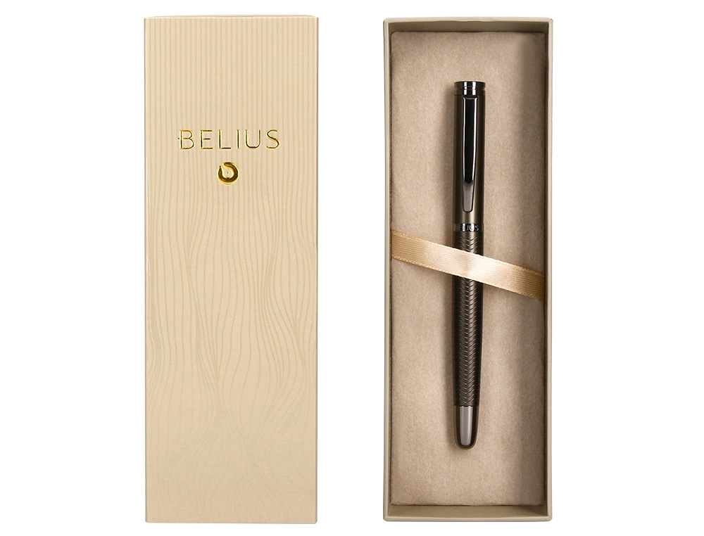 PLUMA BELIUS NEPTUNO ALUMINIO TEXTURA WAVY COLOR CAQUI TINTA AZUL CAJA DE DISEO