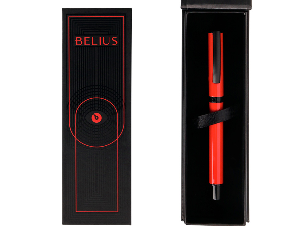 ROLLER BELIUS TURBO ALUMINIO COLOR ROJO Y NEGRO TINTA AZUL CAJA DE DISEÑO