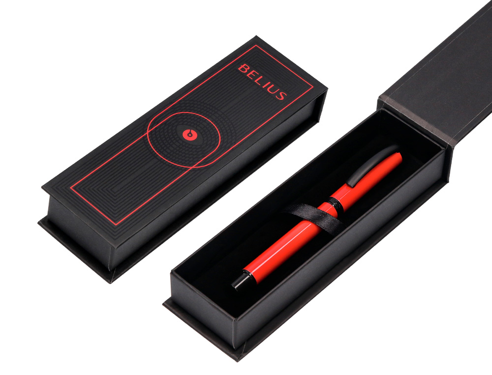 ROLLER BELIUS TURBO ALUMINIO COLOR ROJO Y NEGRO TINTA AZUL CAJA DE DISEÑO