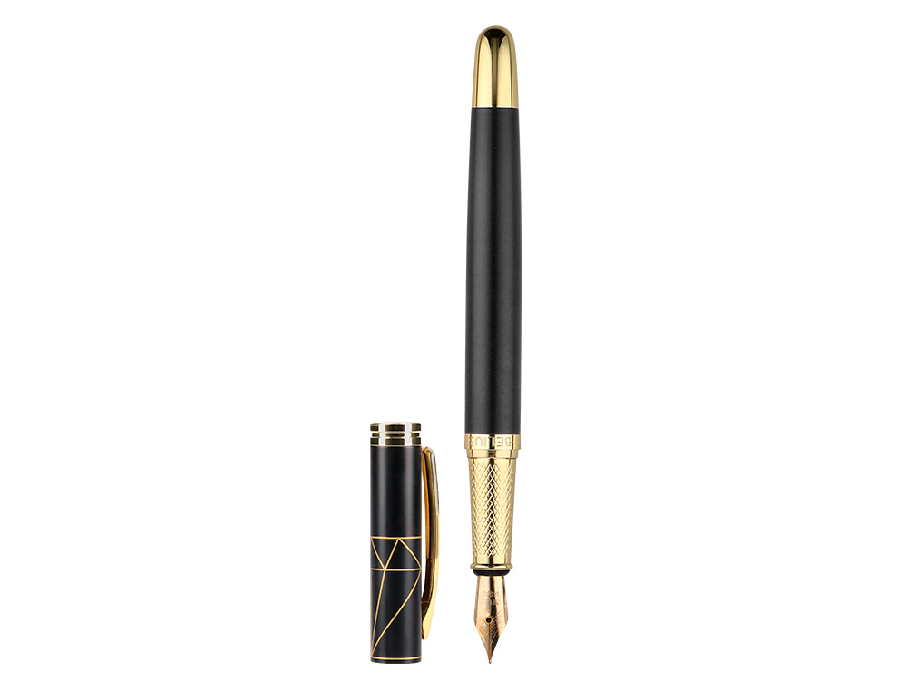 PLUMA Y ESTUCHE BELIUS SOIREE COLOR ART DECO NEGRO Y DORADO TINTA AZUL CAJA DE DISEO