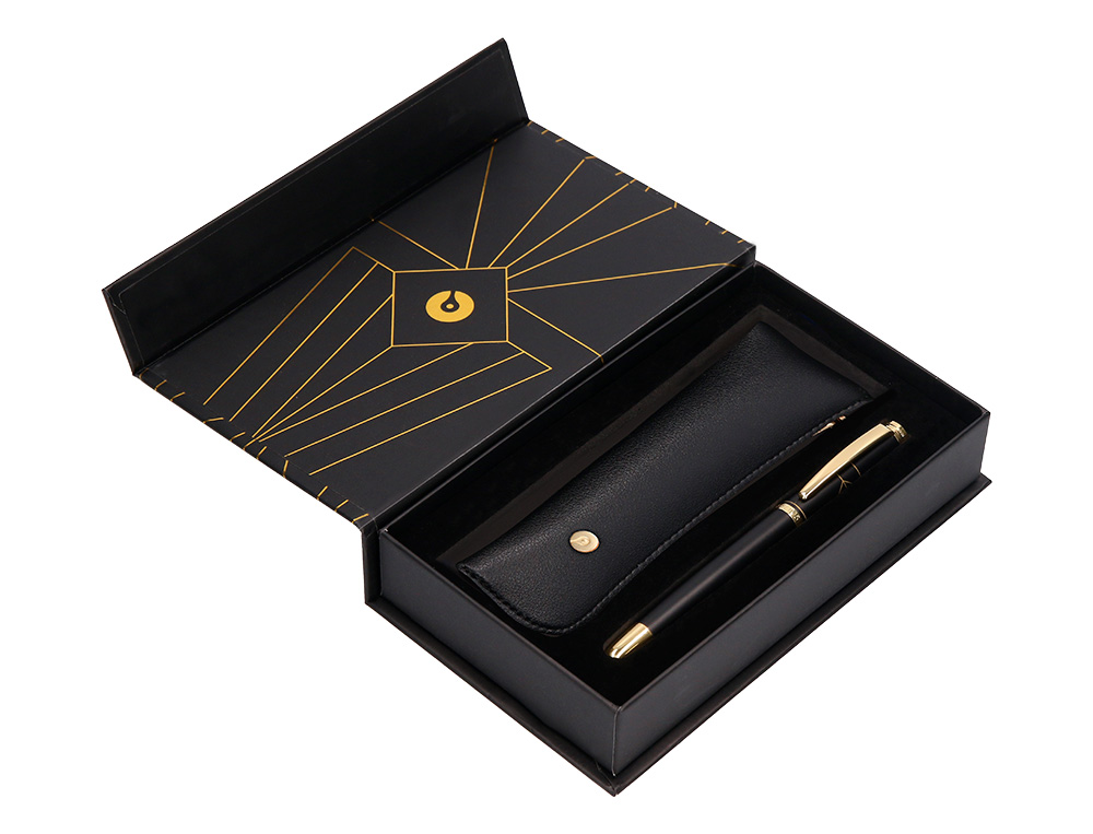 PLUMA Y ESTUCHE BELIUS SOIREE COLOR ART DECO NEGRO Y DORADO TINTA AZUL CAJA DE DISEO