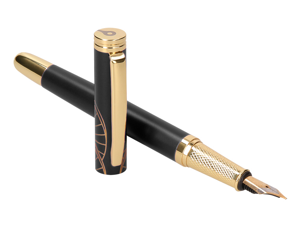 PLUMA Y ESTUCHE BELIUS SOIREE COLOR ART DECO NEGRO Y DORADO TINTA AZUL CAJA DE DISEO