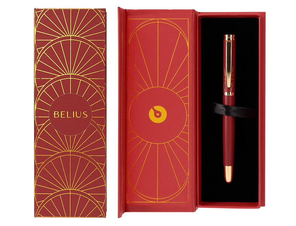 PLUMA BELIUS SOIREE ALUMINIO COLOR ART DECO GRANATE Y DORADO TINTA AZUL CAJA DE DISEO
