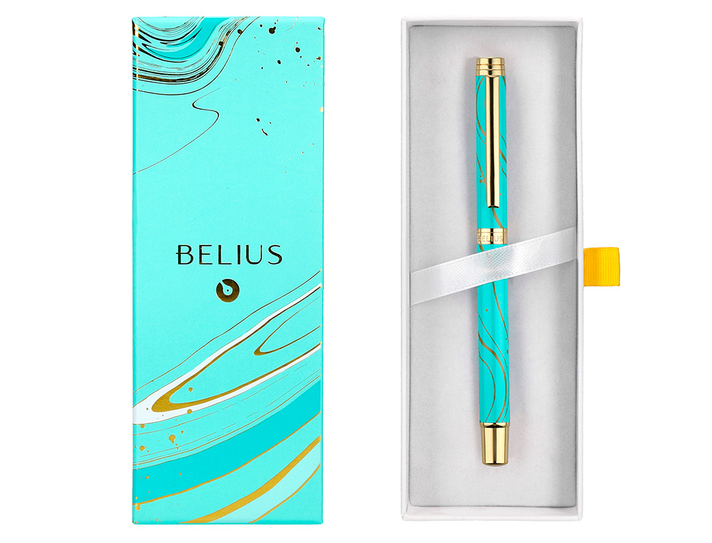 ROLLER BELIUS AQUA ALUMINIO COLOR TURQUESA Y DORADO TINTA NEGRA CAJA DE DISEO