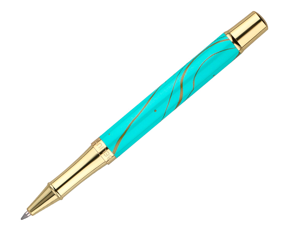 ROLLER BELIUS AQUA ALUMINIO COLOR TURQUESA Y DORADO TINTA NEGRA CAJA DE DISEO