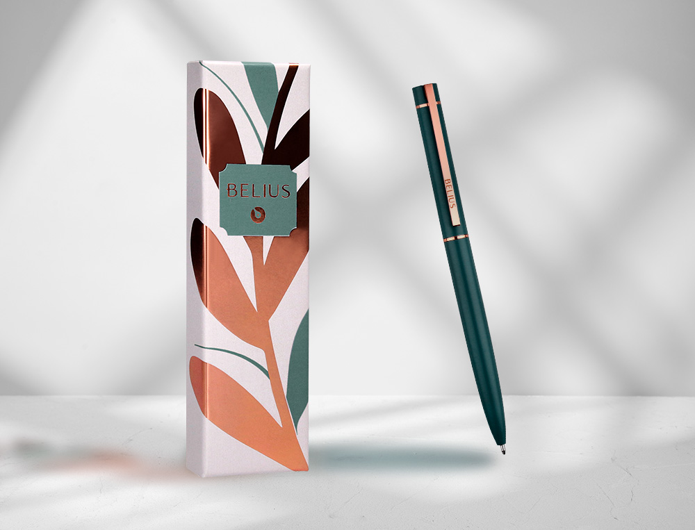 BOLIGRAFO BELIUS ROSE ALUMINIO COLOR VERDE OLIVA/ORO ROSA TINTA AZUL CAJA DE DISEÑO