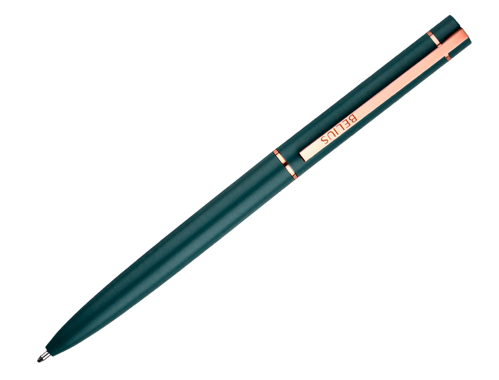 BOLIGRAFO BELIUS ROSE ALUMINIO COLOR VERDE OLIVA/ORO ROSA TINTA AZUL CAJA DE DISEÑO