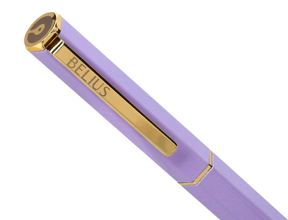 BOLIGRAFO BELIUS MACARON BLISS FORMA HEXAGONAL COLOR MORADO Y DORADO TINTA AZUL CAJA DE DISEÑO