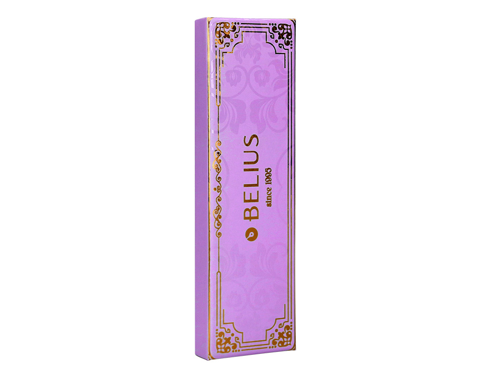 BOLIGRAFO BELIUS MACARON BLISS FORMA HEXAGONAL COLOR MORADO Y DORADO TINTA AZUL CAJA DE DISEÑO