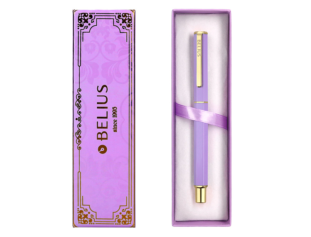 BOLIGRAFO BELIUS MACARON BLISS FORMA HEXAGONAL COLOR MORADO Y DORADO TINTA AZUL CAJA DE DISEÑO