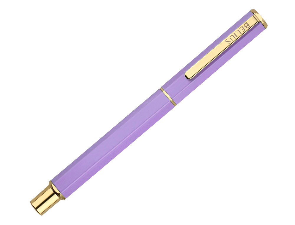 BOLIGRAFO BELIUS MACARON BLISS FORMA HEXAGONAL COLOR MORADO Y DORADO TINTA AZUL CAJA DE DISEÑO