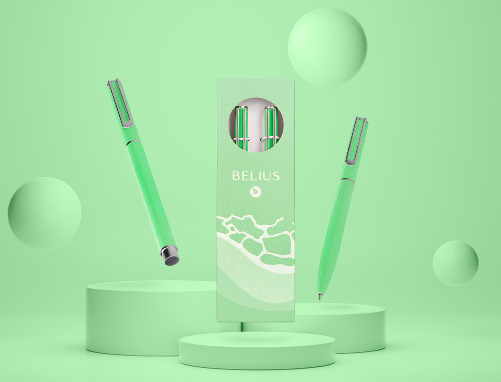 JUEGO BOLIGRAFO Y ROLLER BELIUS ENDLESS SUMMER ALUMINIO COLOR VERDE Y PLATEADO TINTA AZUL CAJA DE DISEO