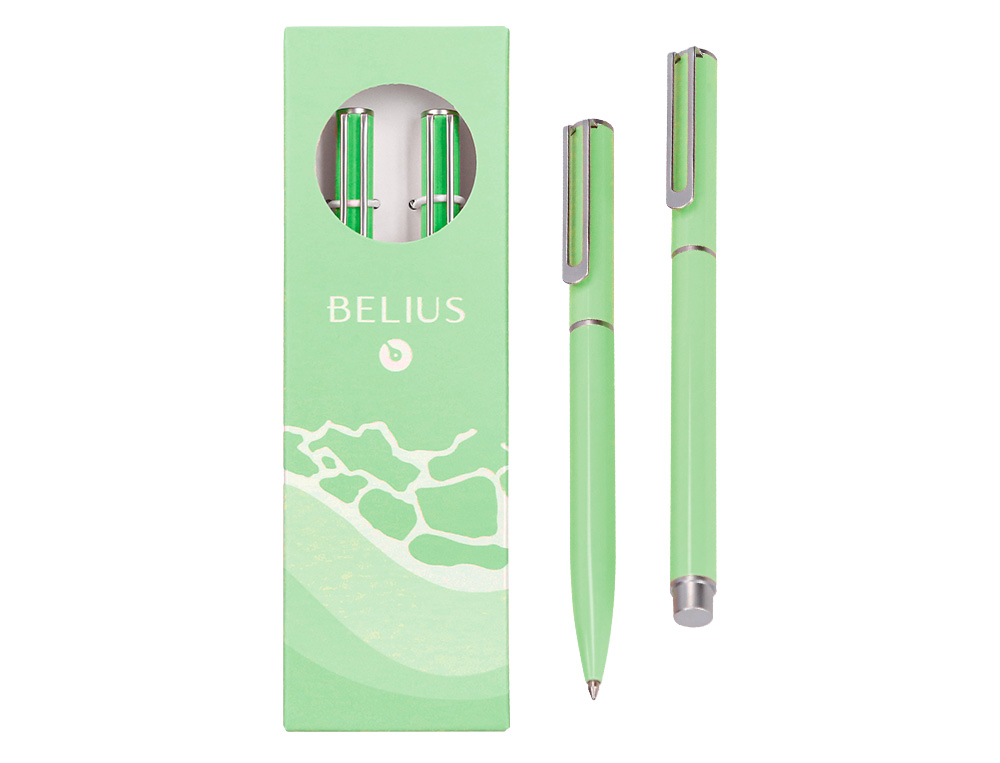 JUEGO BOLIGRAFO Y ROLLER BELIUS ENDLESS SUMMER ALUMINIO COLOR VERDE Y PLATEADO TINTA AZUL CAJA DE DISEO