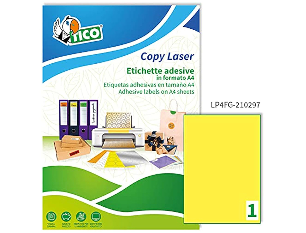 ETIQUETA ADHESIVA TICO AMARILL O FLUORESCENTES PERMANENTE FSCLASER/INKJET/FOTOCOPIA 210X297MM CAJA DE 70 UNIDADES