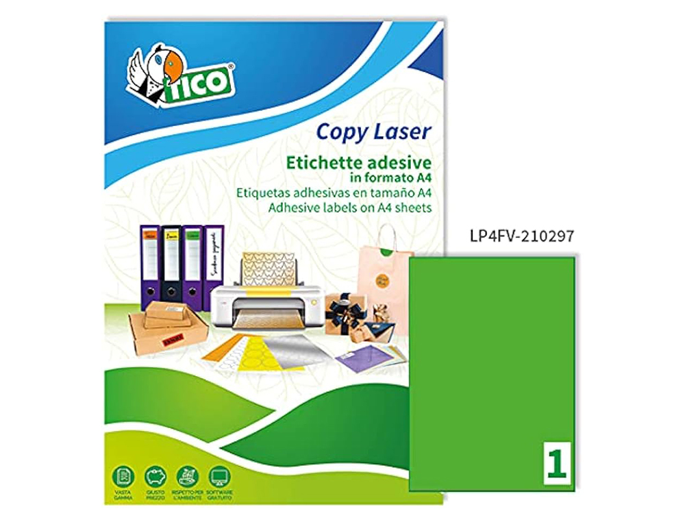 ETIQUETA ADHESIVA TICO VERDE F LUORESCENTES PERMANENTE FSC LASER/INKJET/FOTOCOPIA 210X297 MMCAJA DE 70 UNIDADES