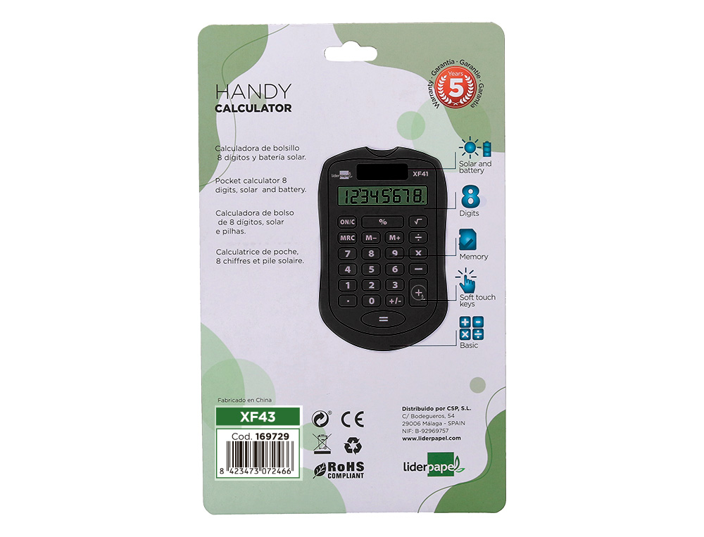 CALCULADORA LIDERPAPEL BOLSILLO XF43 8 DIGITOS SOLAR Y PILAS COLOR NEGRO 94X59,5X10,5MM
