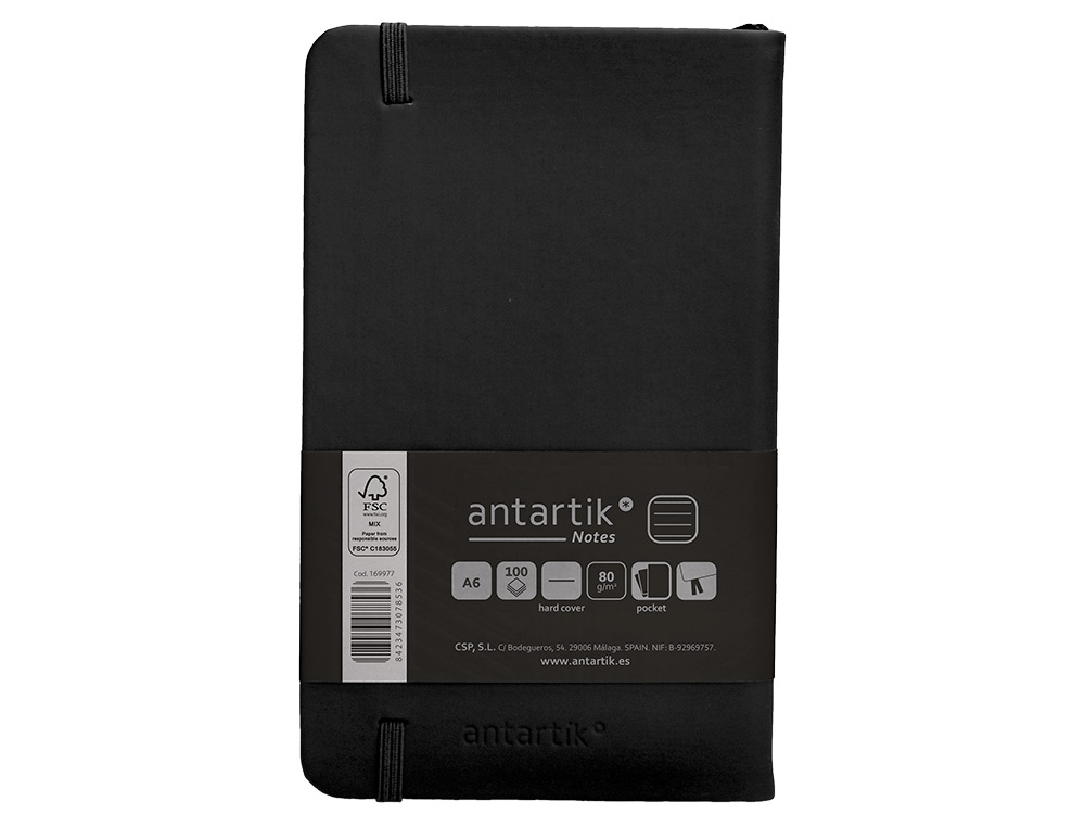 CUADERNO CON GOMILLA ANTARTIK NOTES TAPA DURA A6 HOJAS RAYAS NEGRO 100 HOJAS 80 GR FSC