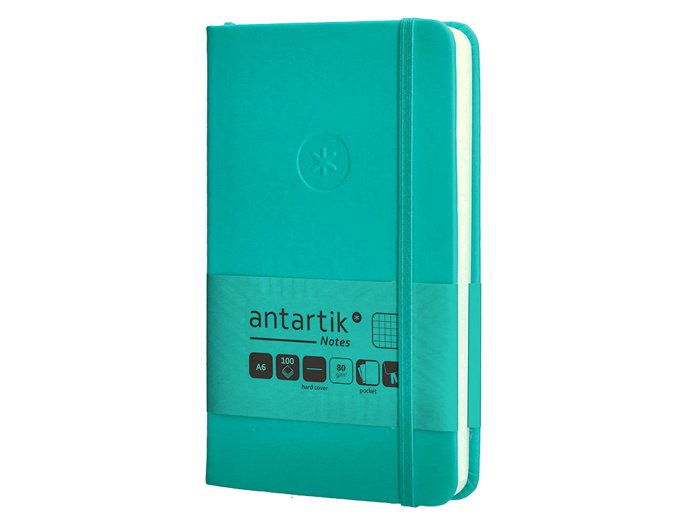 CUADERNO CON GOMILLA ANTARTIK NOTES TAPA DURA A6 HOJAS CUADRICULA TURQUESA 100 HOJAS 80 GR FSC